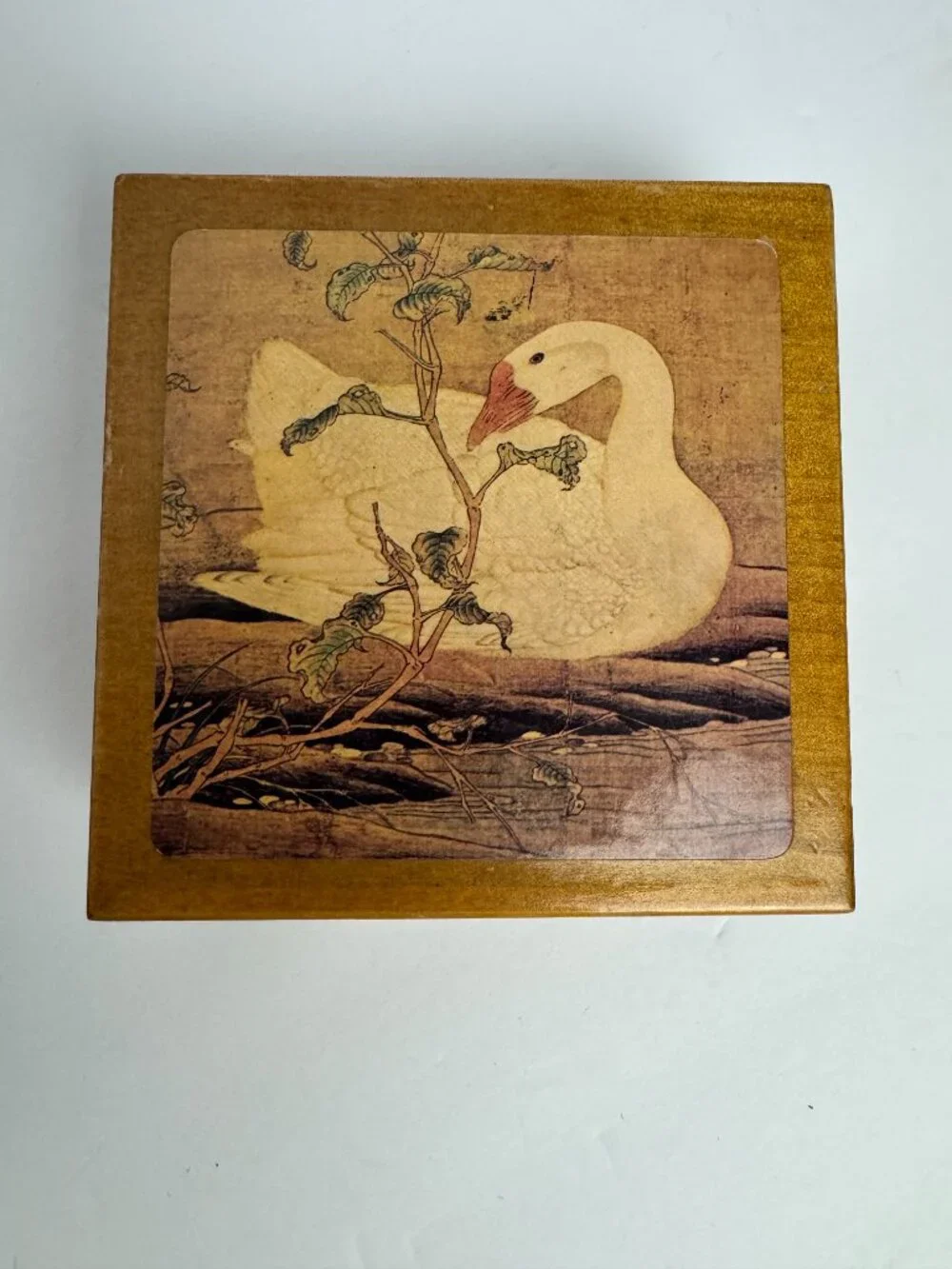 Vintage Chinese Wooden Jewelry Trinket Box White Goose Red Polygonum